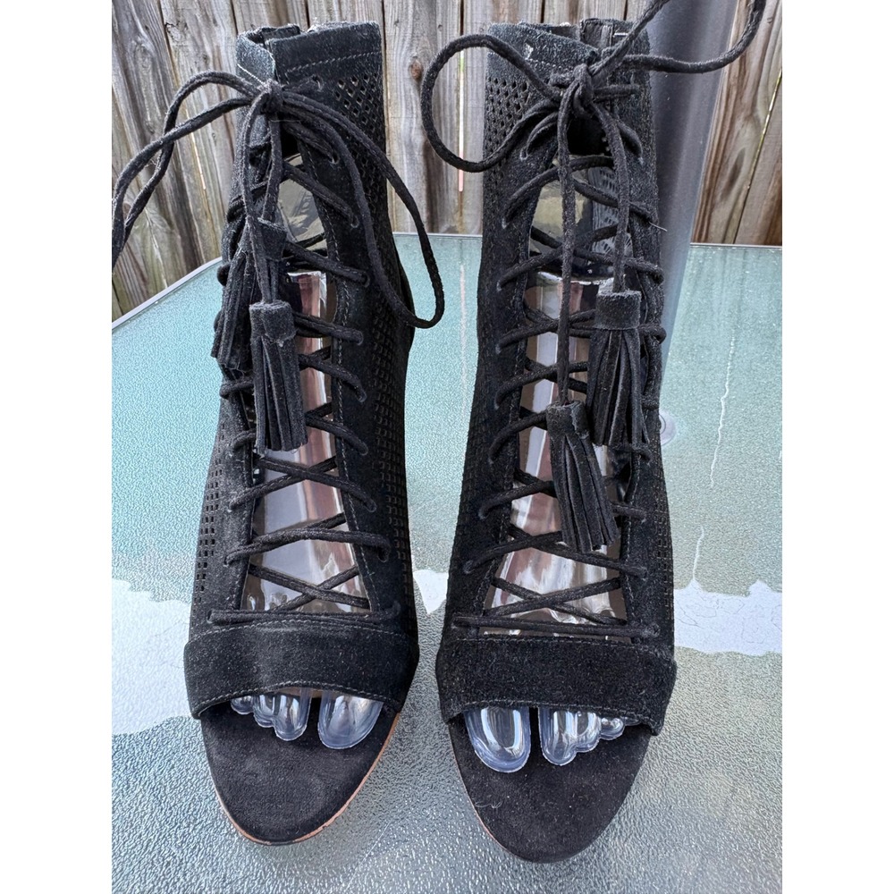 Marc Fisher Black Suede Perforated Lace Up Peep Toe Tassel Ankle Boots 7.5M